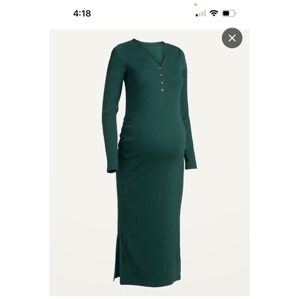 New Old Navy M Maternity Long-Sleeve Henley Midi/ maxi Dress Rib-Knit Dark Green